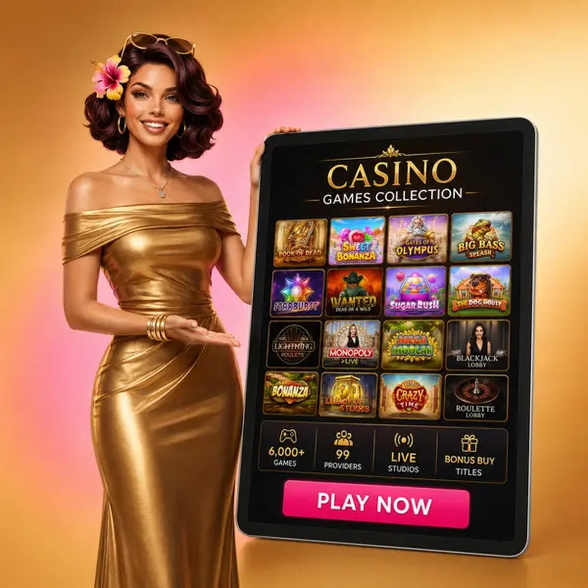 Terrace Queen präsentiert Billionaire Spin Casino Spielesammlung auf elegantem Tablet-Display